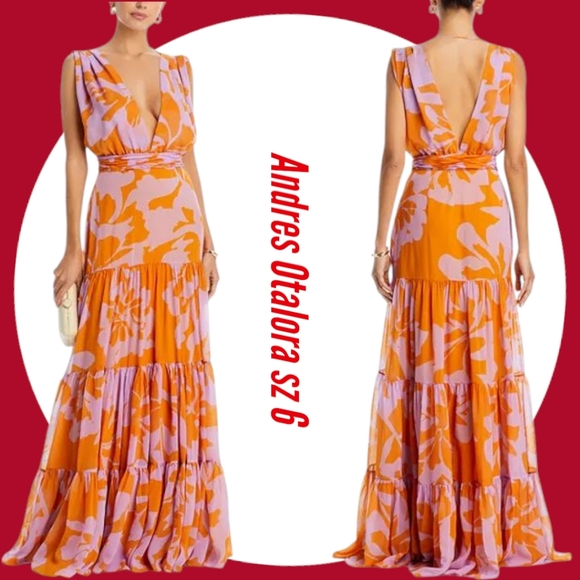 Andres Otalora Woman Chiffon Sleevless Plunging V- Neck Tiered Flowy Maxi Dress - Picture 1 of 12